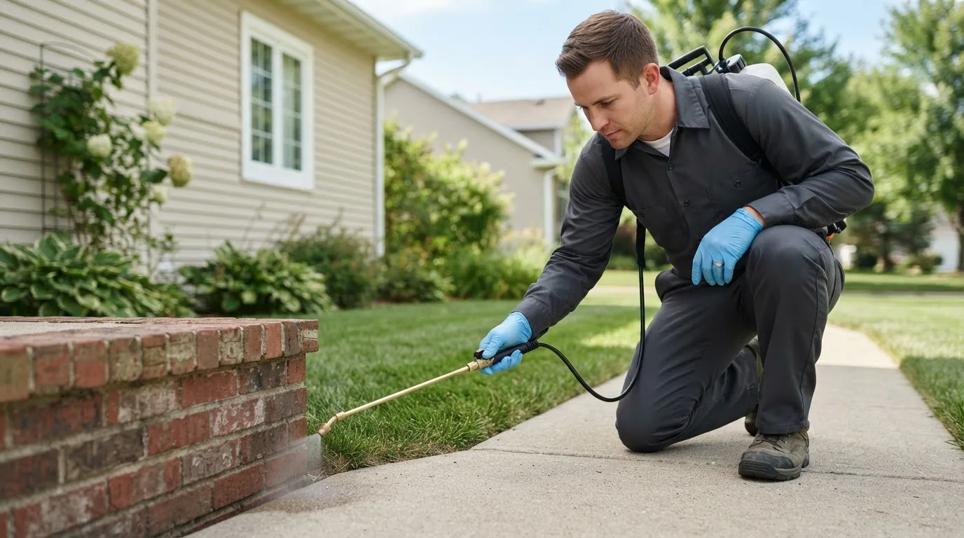 Pest control technician treating a home near Fredericksburg, OH