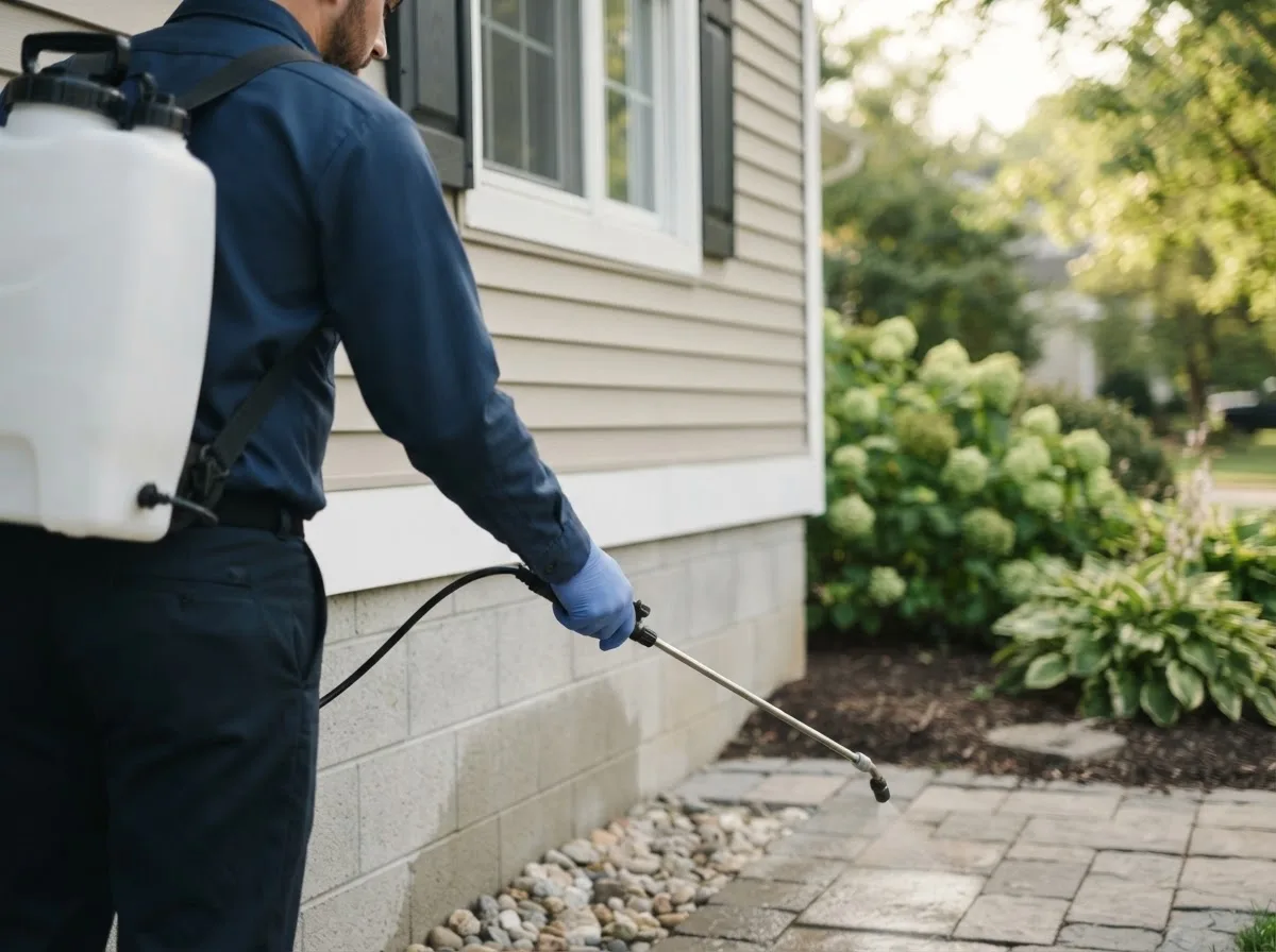 Pest control technician inspecting a home in Fredericksburg, OH